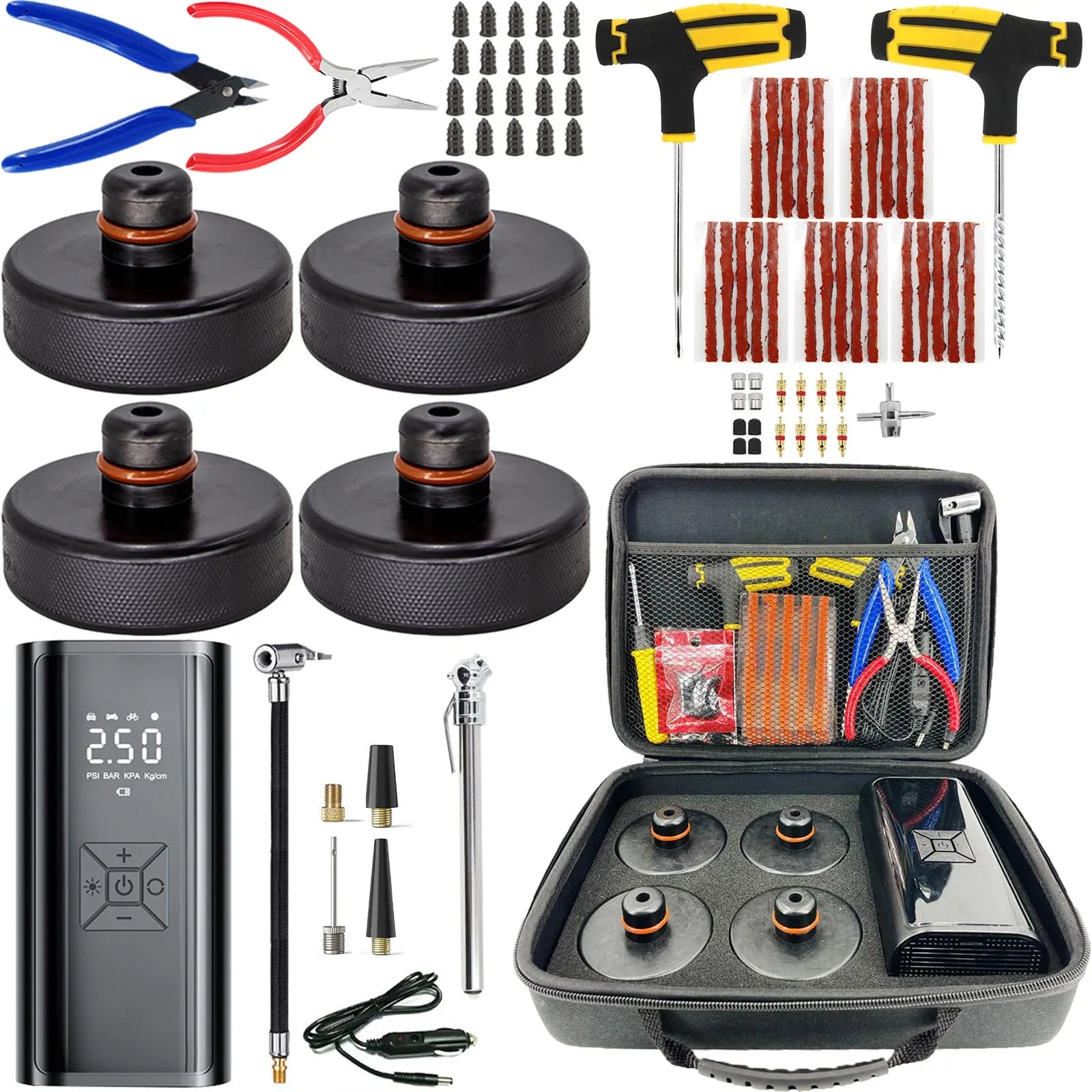 מתאם הרמה לג'ק לרכב טסלה Model 3/Y/S/X | ערכת תיקון פנצ'רים חירום עם משאבת אוויר ומדחס