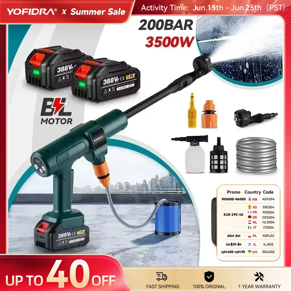 מכונת שטיפה בלחץ גבוה חשמלית ללא מברשות 3500W בעוצמה של 200 בר – 6 ב-1 לשטיפת רכב וגינה, מתאימה לסוללות 18-21V