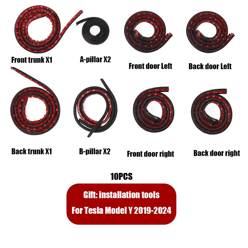 ערכת אטם דלת למניעת רעש רוח וטמפרטורה – לדגמי טסלה Model 3/Y/S/X שנת 2024 אטם גומי איכותי לבידוד רעשים, רוחות וחדירת אבק – כולל רצועת איטום לתא המטען הקדמי (Frunk) ולדלתות.