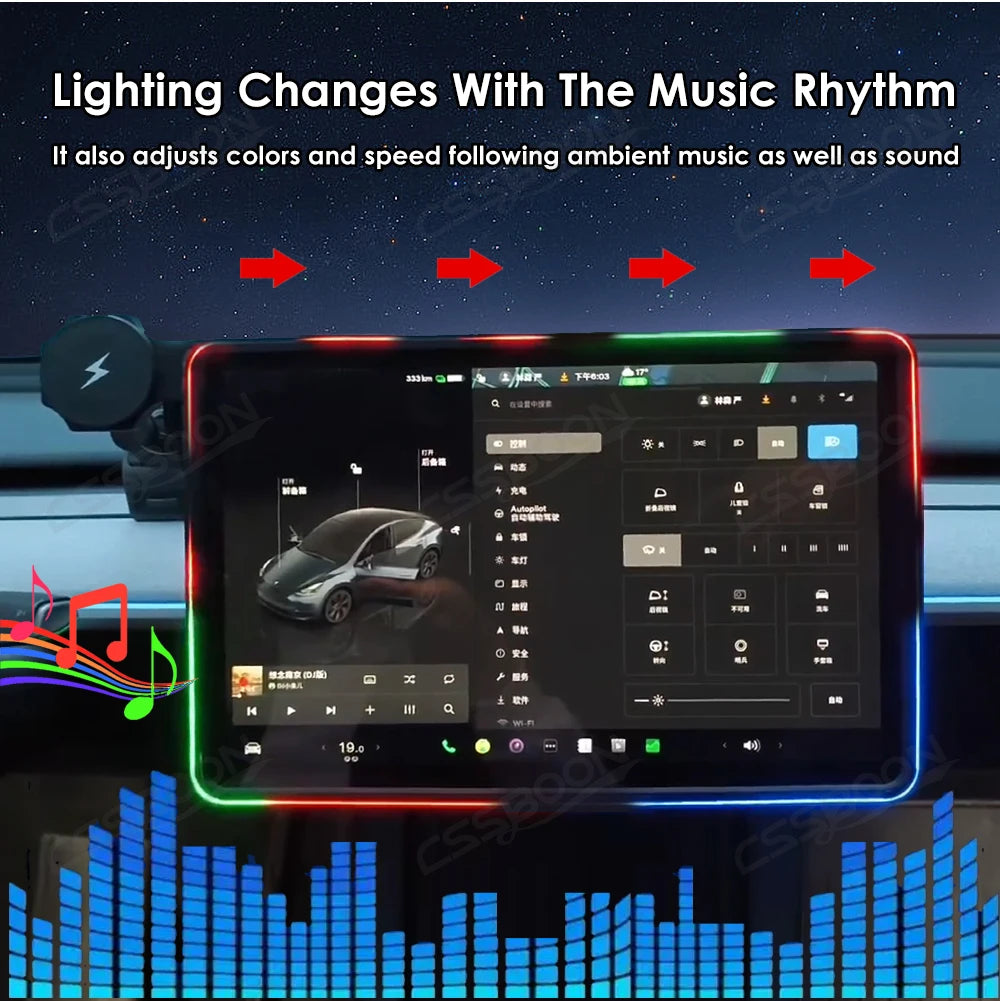 ערכת הגנה למסך עם תאורת אווירה ומטען אלחוטי – לדגמי טסלה Model 3 / Y (כולל Highland ו-Juniper)