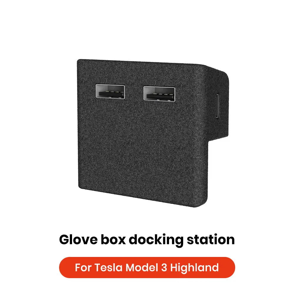 תחנת עגינה לתא כפפות YZ לטסלה מודל 3 היילנד 2024 ומודל Y 2017-2023, מפצל USB במהירות גבוהה עם 4 יציאות, מתאם פלוקינג עם חיבור לחשמל.