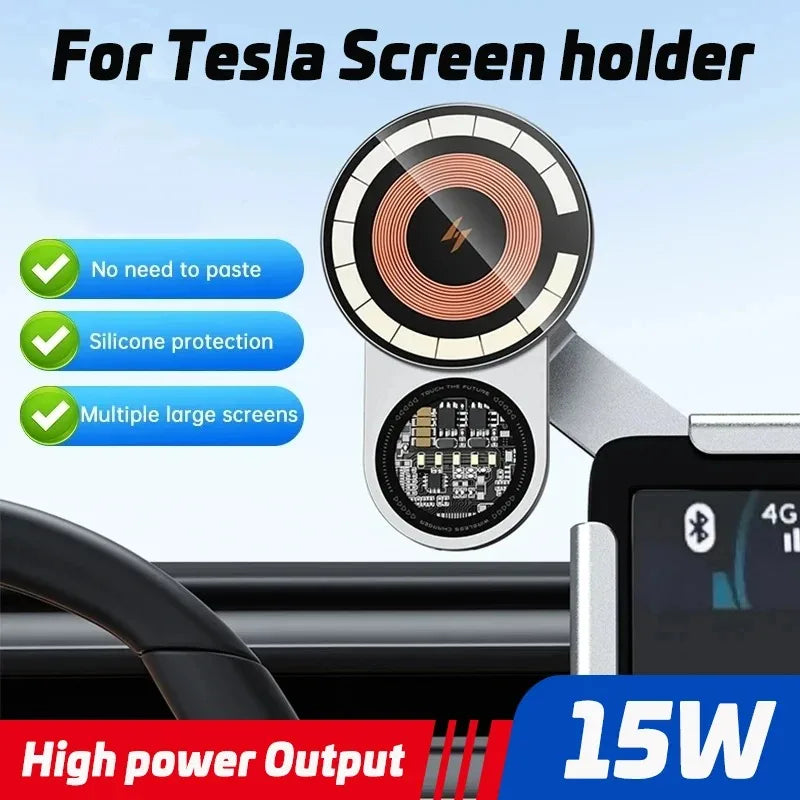 מחזיק טלפון לרכב בסגנון פאנק, עשוי סגסוגת אלומיניום 360° עם טעינה מהירה אלחוטית ומגנטית, מתאים לטסלה ול-MagSafe