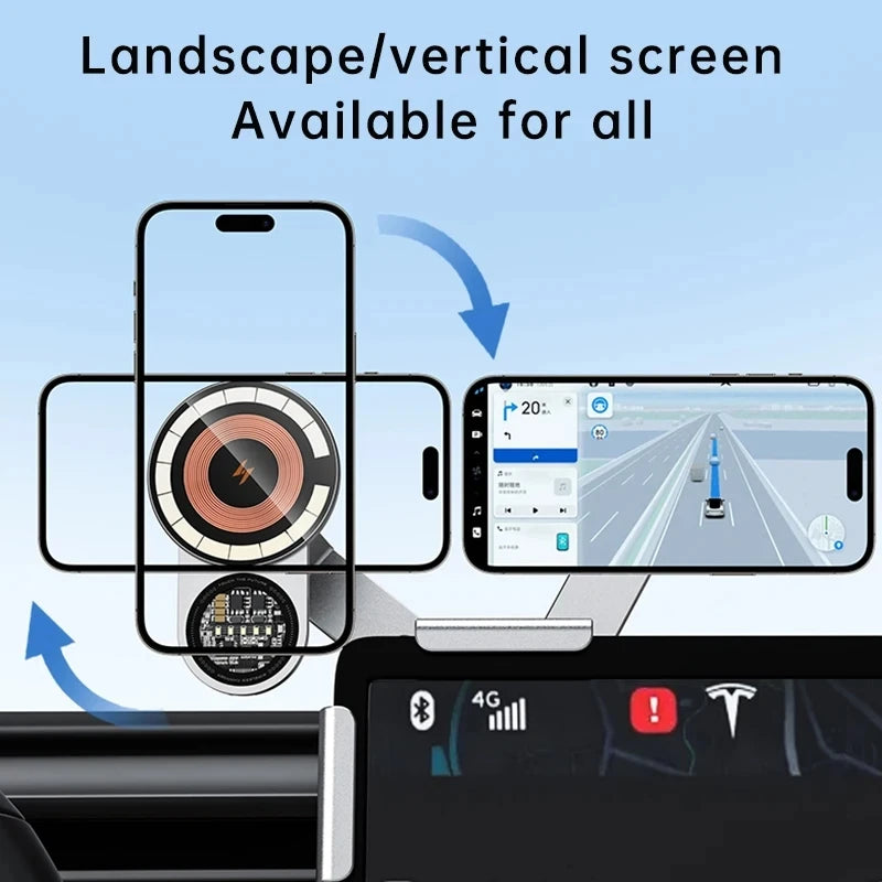 מחזיק טלפון לרכב בסגנון פאנק, עשוי סגסוגת אלומיניום 360° עם טעינה מהירה אלחוטית ומגנטית, מתאים לטסלה ול-MagSafe