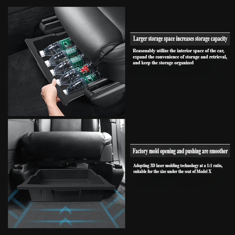 תיבת אחסון מתחת למושב לטסלה מודל X 2023-2024 – מארגן אחסון עם שכבה כפולה עשוי TPE, מגירה תחתית לניצול שטח הפנים של הרכב.