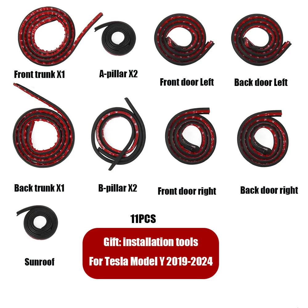 ערכת אטם דלת למניעת רעש רוח וטמפרטורה – לדגמי טסלה Model 3/Y/S/X שנת 2024 אטם גומי איכותי לבידוד רעשים, רוחות וחדירת אבק – כולל רצועת איטום לתא המטען הקדמי (Frunk) ולדלתות.