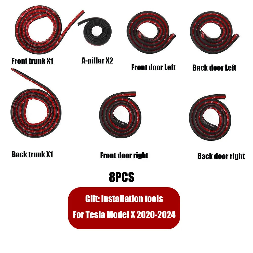 ערכת אטם דלת למניעת רעש רוח וטמפרטורה – לדגמי טסלה Model 3/Y/S/X שנת 2024 אטם גומי איכותי לבידוד רעשים, רוחות וחדירת אבק – כולל רצועת איטום לתא המטען הקדמי (Frunk) ולדלתות.