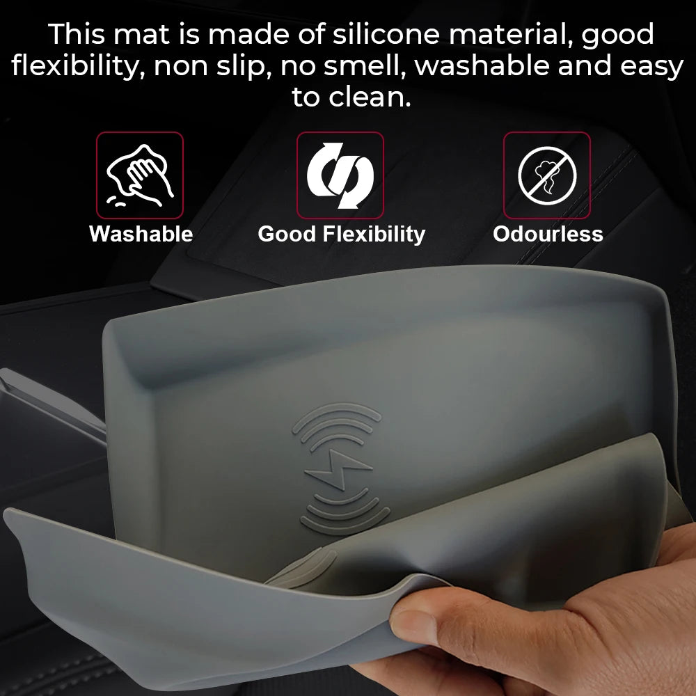 משטח טעינה אלחוטי מסיליקון לרכב – אביזר מגן נגד החלקה ואבק לדגם טסלה Model 3 Highland 2023–2024