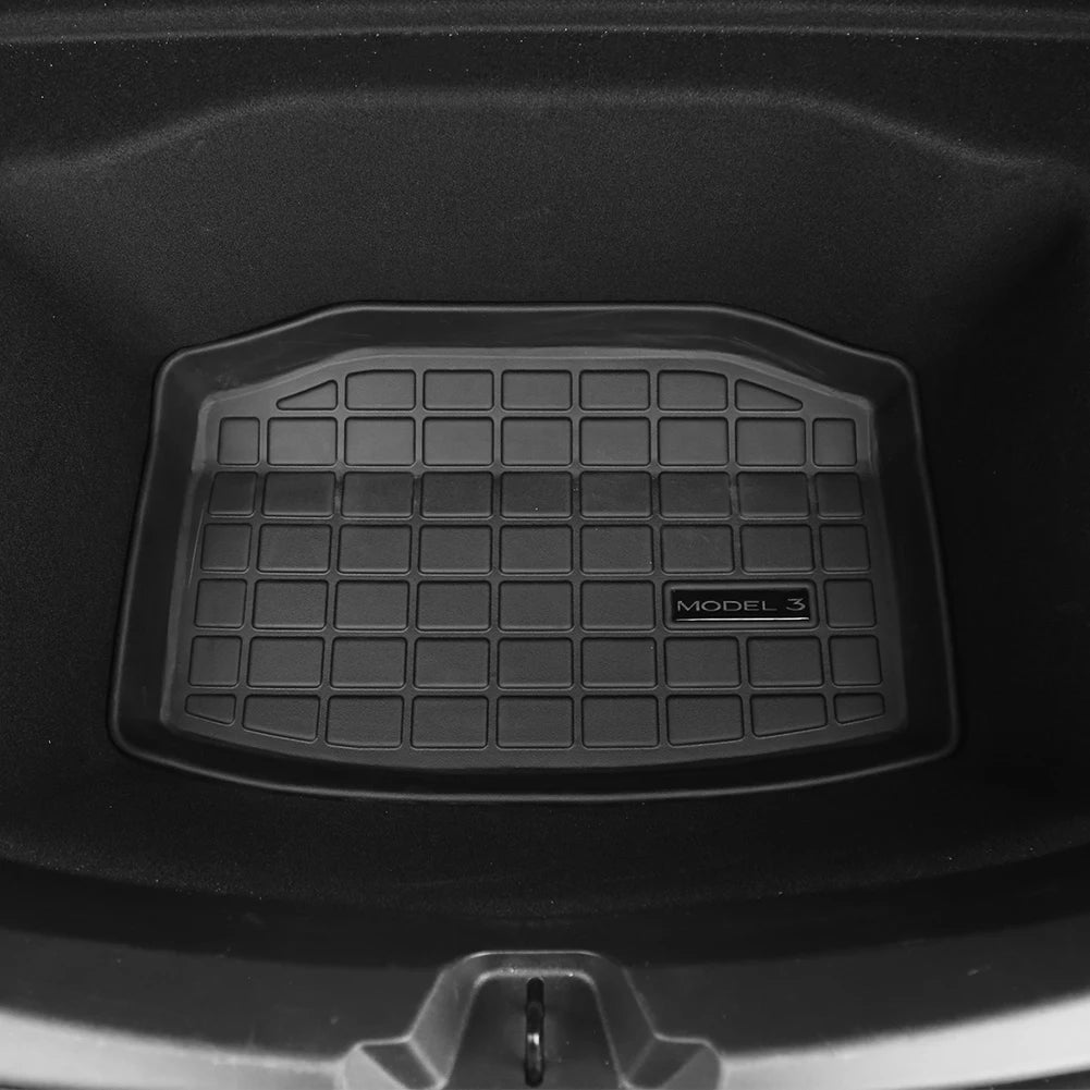שטיח קדמי ואחורי TPE לתא מטען לטסלה מודל 3 2023 | אביזרים לטסלה מודל 3 2021-2023 | משטחי אחסון תלת-ממדיים עמידים למים | שטיחי רצפה