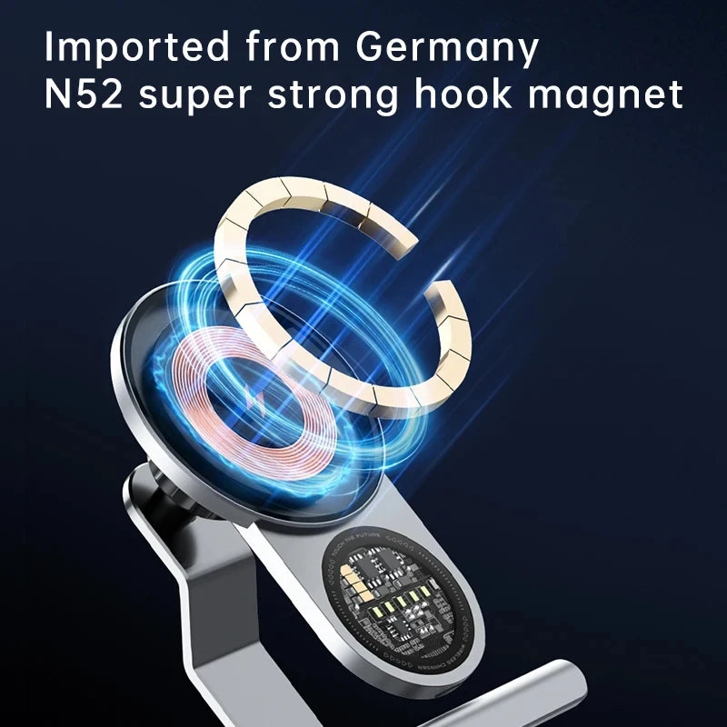 מחזיק טלפון לרכב בסגנון פאנק, עשוי סגסוגת אלומיניום 360° עם טעינה מהירה אלחוטית ומגנטית, מתאים לטסלה ול-MagSafe